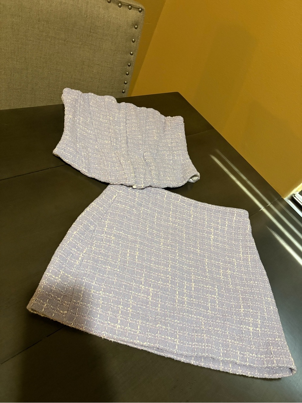 Zara Lilac Tweed Mini Skirt & Strapless Corset Top two piece set .
